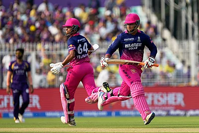 | Photo: AP/Bikas Das : Rajasthan Royals Yashasvi Jaiswal, left, and batting partner Vaibhav Sooryavanshi run between the wickets during the Indian Premier League cricket match between Kolkata Knight Riders and Rajasthan Royals in Kolkata, India.