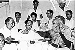 | Source: DMK Archives : First Steps: Periyar, M.G. Ramachandran, Kalaignar and C.N. Annadurai during the inception of Dravida Kazhagam