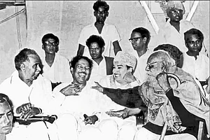 | Source: DMK Archives : First Steps: Periyar, M.G. Ramachandran, Kalaignar and C.N. Annadurai during the inception of Dravida Kazhagam