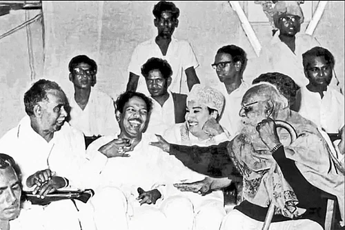 | Source: DMK Archives : First Steps: Periyar, M.G. Ramachandran, Kalaignar and C.N. Annadurai during the inception of Dravida Kazhagam