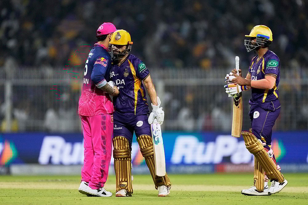 | Photo: AP/Bikas Das : Rajasthan Royals captain Riyan Parag, left, congratulates Kolkata Knight Riders Rinku Singh after Kolkata Knight Riders won the Indian Premier League cricket match against Rajasthan Royals in Kolkata, India.