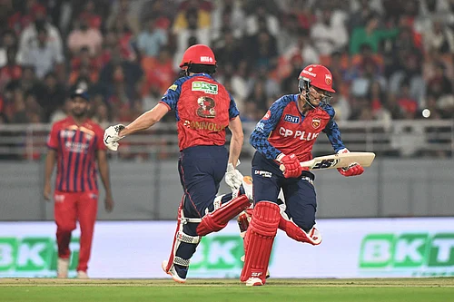 | Photo: AP : Punjab Kings Priyansh Arya, right, and his batting partner Cooper Connolly run between the wickets during the Indian Premier League cricket match between Punjab Kings and Lucknow Super Giants in New Chandigarh, India.