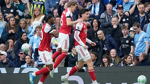 AP/Dave Thompson : Arsenals Kai Havertz celebrates with his teammates after scoring his sides first goal during the English Premier League match against Manchester City.