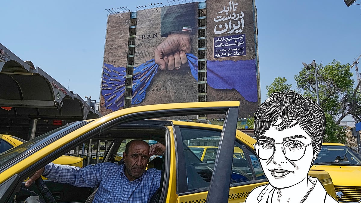 AP Photo/Vahid Salemi : A taxi driver waits for passengers in front of a billboard that shows a graphic depicting a military personnels hand holding the Strait of Hormuz in his fist with signs which read in Farsi: In Irans hands forever, Trump couldnt do a damn thing, The control of Strait of Hormuz will be Irans forever, in Vanak Square in northern Tehran, Iran, Thursday, April 16, 2026. 