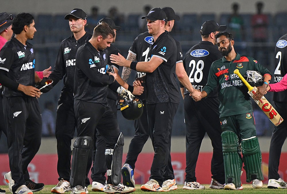 | Photo: AP/Mosaraf Hossain : Bangladeshs captain Mehidy Hassan Miraz shake hand with New Zealand players, after winning the second one day international match against New Zealand, in Mirpur, Bangladesh.