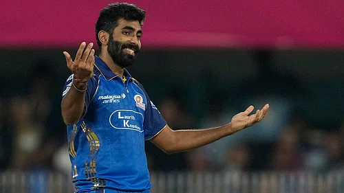 AP/Anupam Nath : Jasprit Bumrah reacts after bowling a delivery during the Indian Premier League match between Mumbai Indians and Rajasthan Royals in Guwahati.
