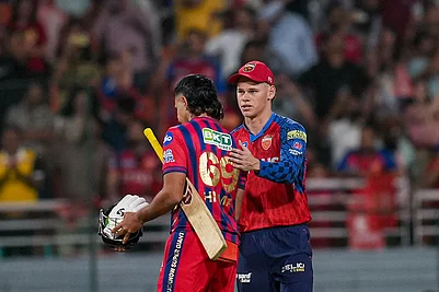 Photo: PTI/Shiva Sharma : Lucknow Super Giants Himmat Singh, left, interacts with Punjab Kings Cooper Connolly as he walks off the ground at the end of the play during the Indian Premier League (IPL) 2026 T20 cricket match between Punjab Kings and Lucknow Super Giants, in New Chandigarh, Punjab.
