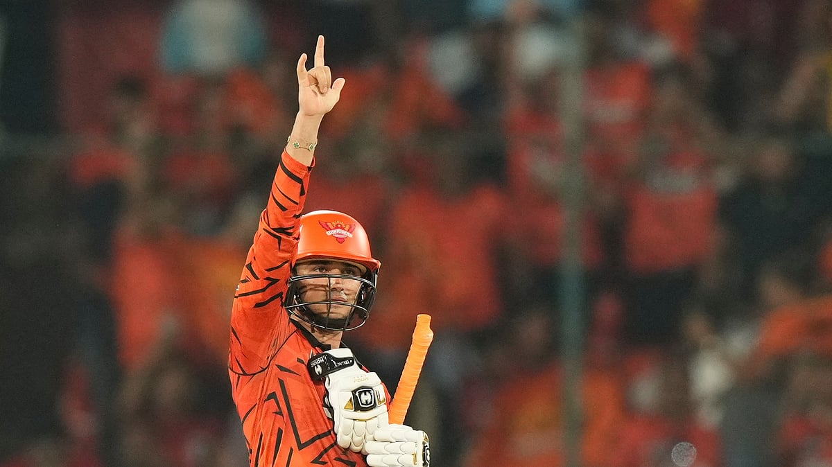 (AP Photo/Mahesh Kumar A.) : Sunrisers Hyderabads Abhishek Sharma celebrates his century during the Indian Premier League cricket match between Sunrisers Hyderabad and Delhi Capitals in Hyderabad, India, Tuesday, April 21, 2026.