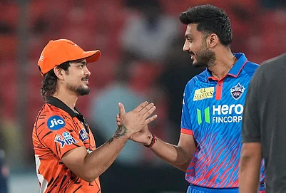 | Photo: AP/Mahesh Kumar A. : Sunrisers Hyderabads captain Ishan Kishan, left, and Delhi Capitals captain Axar Patel, shake hands after toss during the Indian Premier League cricket match between Sunrisers Hyderabad and Delhi Capitals in Hyderabad.