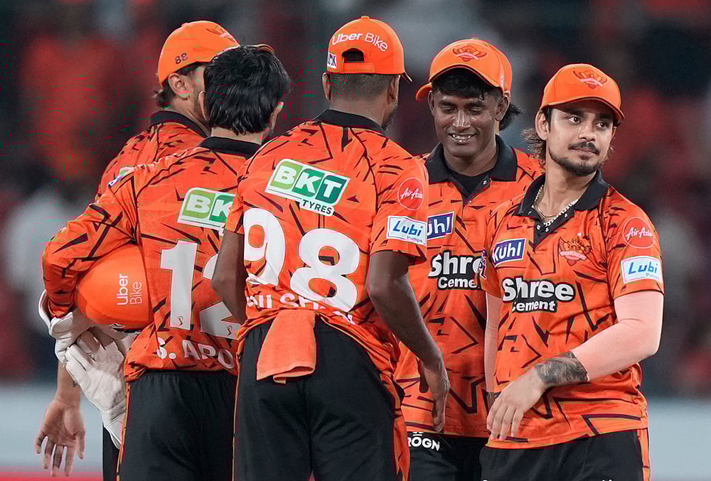 | Photo: AP/Mahesh Kumar A. : Sunrisers Hyderabad players celebrate after won the match during the Indian Premier League cricket match against Delhi Capitals in Hyderabad.