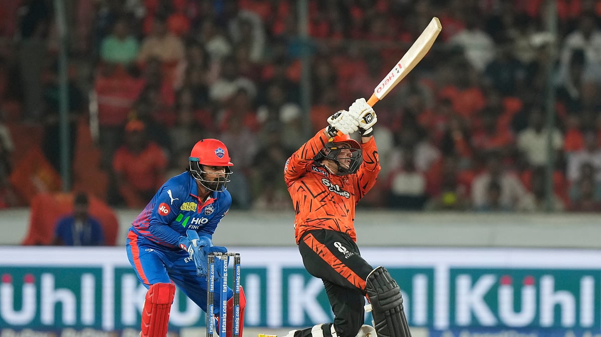 (AP Photo/Mahesh Kumar A.) : Sunrisers Hyderabads Abhishek Sharma hits a six during the Indian Premier League cricket match between Sunrisers Hyderabad and Delhi Capitals in Hyderabad, India, Tuesday, April 21, 2026.