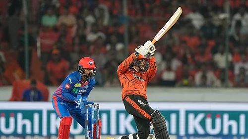 (AP Photo/Mahesh Kumar A.) : Sunrisers Hyderabads Abhishek Sharma hits a six during the Indian Premier League cricket match between Sunrisers Hyderabad and Delhi Capitals in Hyderabad, India, Tuesday, April 21, 2026.