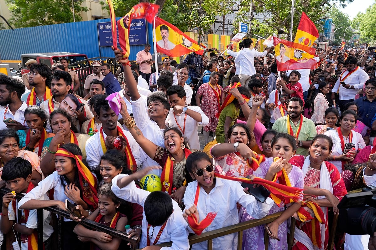 | Photo: Suresh K Pandey/OUTLOOK : TVK supporters gather during a roadshow led by party chief and candidate from the Tiruchirappalli East constituency, Vijay, ahead of the Tamil Nadu Assembly elections. 
