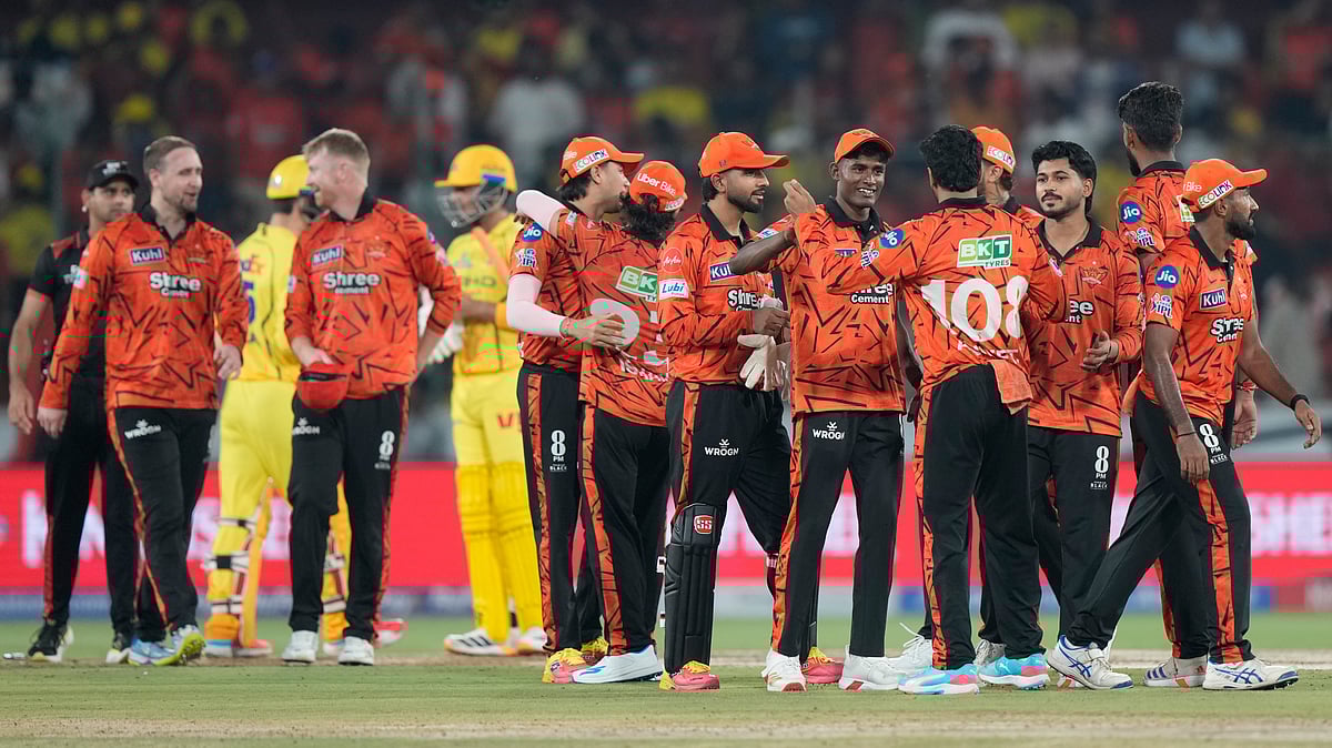 | Photo: AP/Mahesh Kumar A. : Sunrisers Hyderabads players celebrate after won the match during the Indian Premier League cricket match against Chennai Super Kings in Hyderabad, India, Saturday, April 18, 2026.