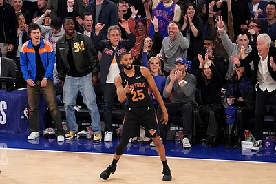 | Photo: AP/Yuki Iwamura : New York Knicks guard Mikal Bridges (25) reacts after scoring a 3-point goal during the first half in Game 2 of a first-round NBA playoffs basketball series against the Atlanta Hawks in New York.