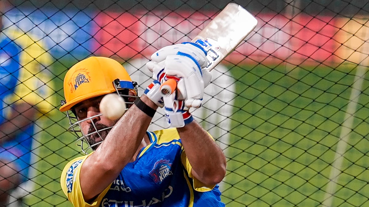 PTI/Kunal Patil : MS Dhoni plays a shot during a practice session ahead of the Indian Premier League match between Mumbai Indians and Chennai Super Kings, in Mumbai.