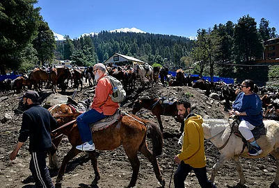 | Photo: Yasir Iqbal : Tourists enjoy a horse ride through the scenic trails of Pahalgam. A year after the attacks, the region’s tourism revival is slowly gaining momentum, bringing a sense of hope back to the local community.