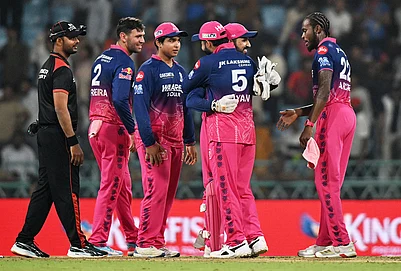 | Photo: AP : Rajasthan Royals players celebrate after winning the Indian Premier League cricket match against Lucknow Super Giants in Lucknow.