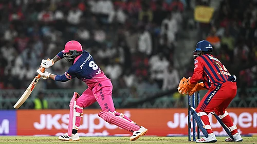 (AP Photo) : Rajasthan Royals Ravindra Jadeja bats during the Indian Premier League cricket match between Lucknow Super Giants and Rajasthan Royals in Lucknow, India, Wednesday, April 22, 2026.