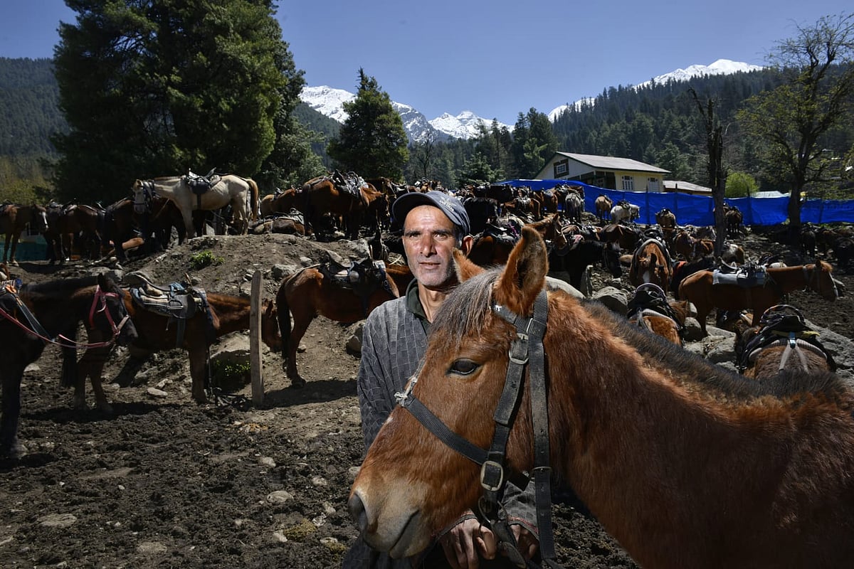 Yasir Iqbal : Waiting for tourists in Pahalgam, 46-year-old Farooq Ahmad stands with his pony. With the route to Baisaran restricted, Farooq finds himself with little work. I hope it will reopen and things will get better, he says.