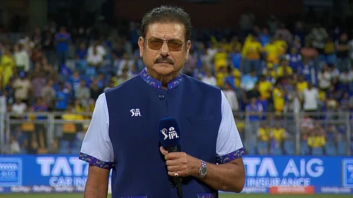X/Indian Premier League : Former India cricketer and commentator Ravi Shastri at the toss for the Indian Premier League match between Chennai Super Kings and Mumbai Indians.