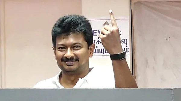 | Photo: PTI : Tamil Nadu Deputy Chief Minister and DMK candidate from Chepauk-Thiruvallikeni constituency, Udhayanidhi Stalin, shows his ink-marked finger after casting a vote in the state Assembly elections, at a polling station, in Chennai.