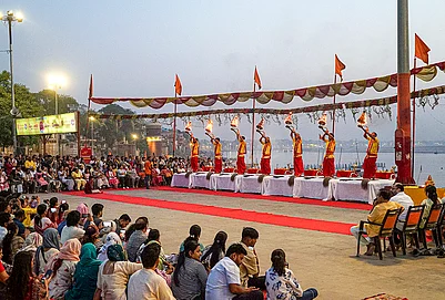 | Photo: PTI : Priests perform ‘aarti’ during the ‘Ganga Saptami’ festival, at Assi Ghat in Varanasi.