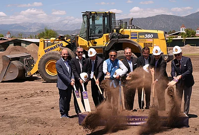 | Photo: AP/Damian Dovarganes : Officials break ground for the new Knight Riders Cricket Field, which will serve as the Los Angeles Knight Riders official home field for 2026 and later host cricket at the LA 2028 Olympics, at the Pomona Fairplex in Pomona, California.
