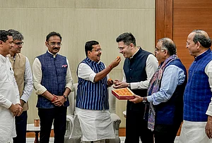 | Photo: PTI/Salman Ali : BJP National President Nitin Nabin meets Rajya Sabha MPs Raghav Chadha, Sandeep Pathak and Ashok Mittal at the partys headquarters, in New Delhi. Aam Aadmi Party (AAP) Rajya Sabha MPs Chadha and Sandeep Pathak on Friday announced that they are joining the BJP along with five other MPs of the party.