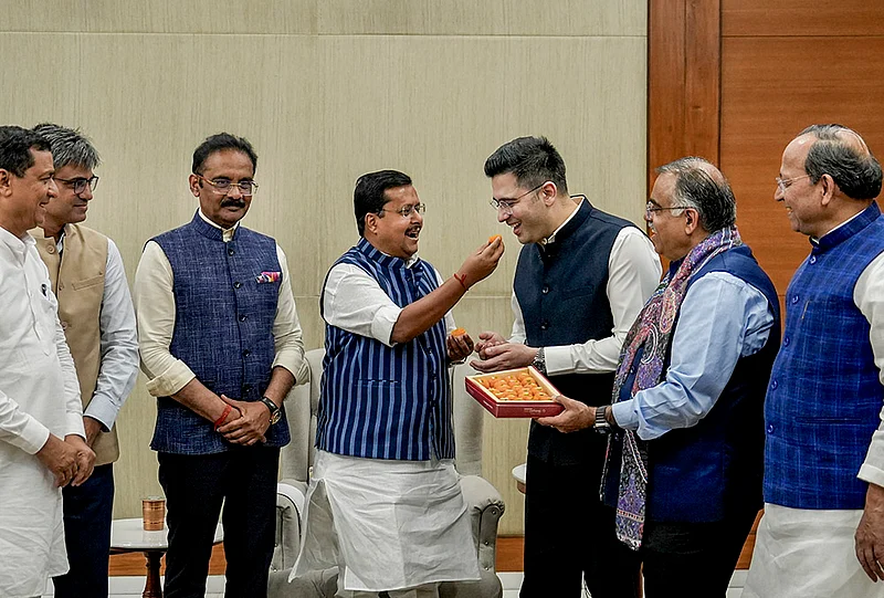 | Photo: PTI/Salman Ali : BJP National President Nitin Nabin meets Rajya Sabha MPs Raghav Chadha, Sandeep Pathak and Ashok Mittal at the party's headquarters, in New Delhi. Aam Aadmi Party (AAP) Rajya Sabha MPs Chadha and Sandeep Pathak on Friday announced that they are joining the BJP along with five other MPs of the party.