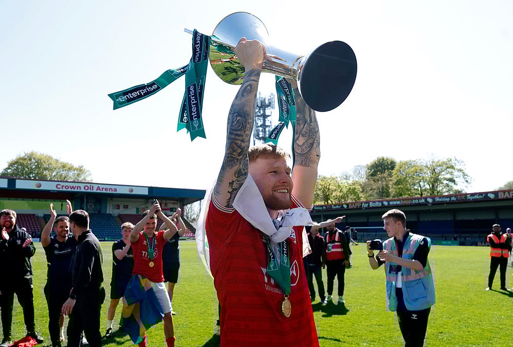 | Photo: Cody Froggatt/PA via AP : York Citys Josh Stones after the National League soccer match between Rochdale and York City in Rochdale, England.