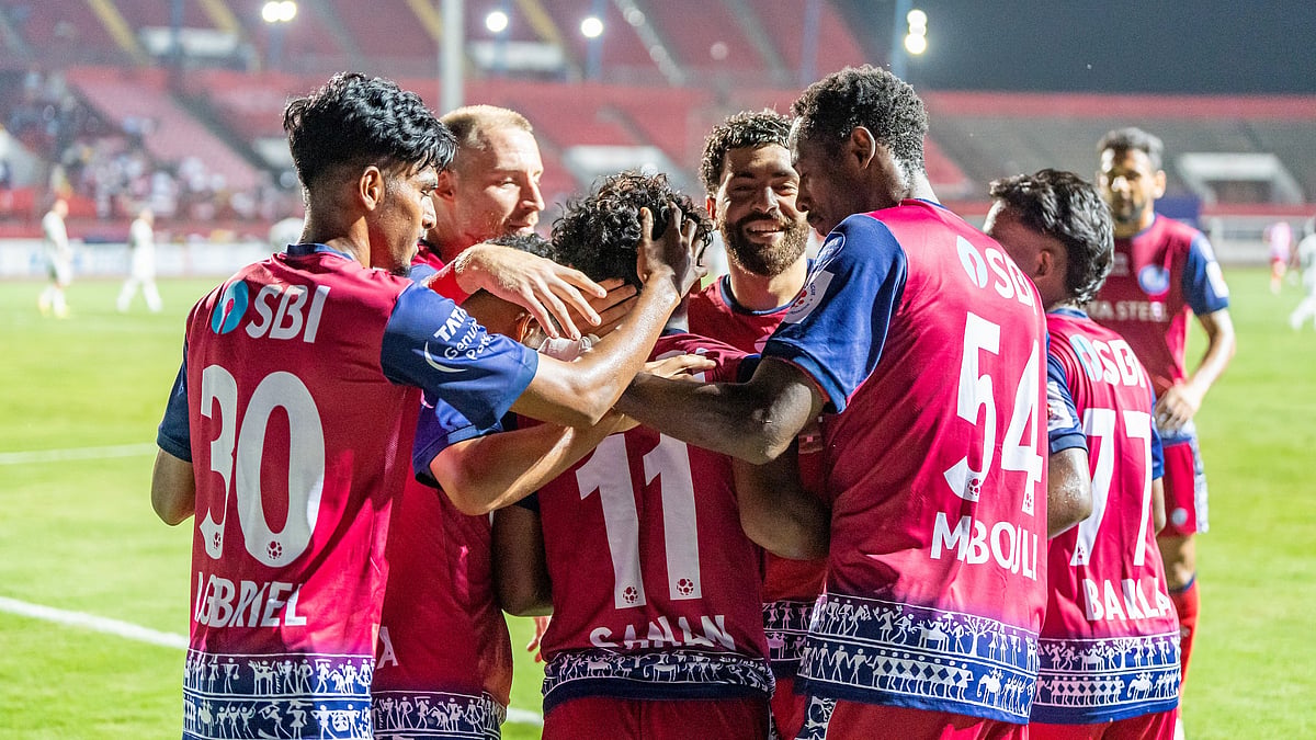 Photo: ISL : Jamshedpur FC players celebrate Mohammed Sanan's goal against Chennaiyin.