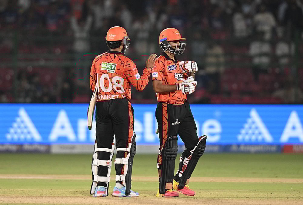 | Photo: AP : Sunrisers Hyderabads Aniket Verma and Salil Arora celebrate their win in the Indian Premier League cricket match between Rajasthan Royals and Sunrisers Hyderabad in Jaipur.
