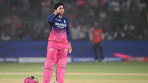 AP Photo : Rajasthan Royals Vaibhav Sooryavanshi celebrates his century during the Indian Premier League cricket match between Rajasthan Royals and Sunrisers Hyderabad in Jaipur.