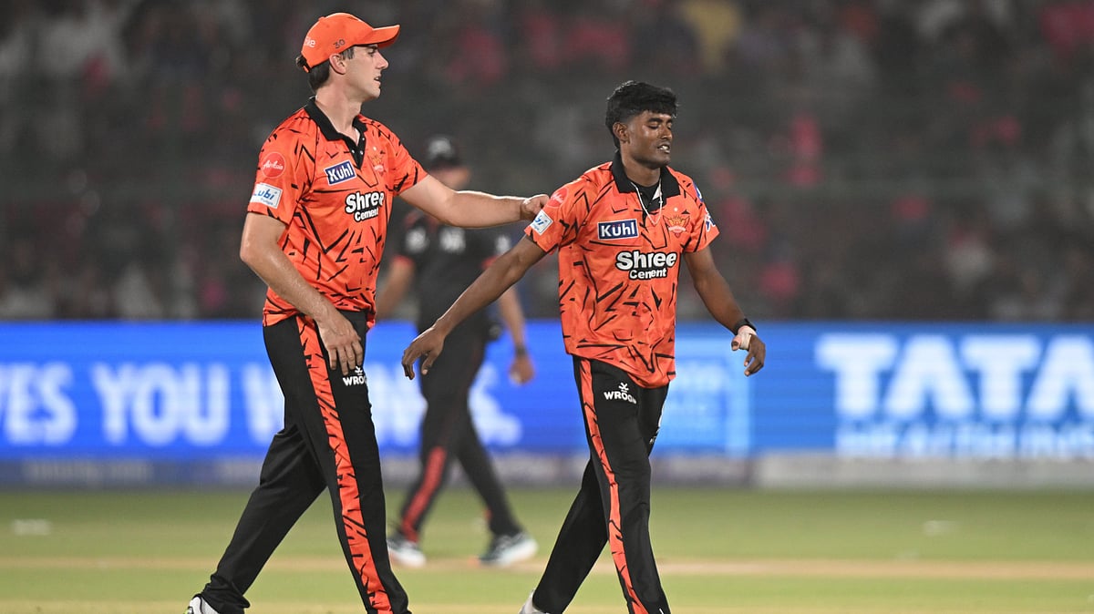 | Photo: AP : Sunrisers Hyderabads Pat Cummins cheers bowler Sakib Hussain during the Indian Premier League cricket match between Rajasthan Royals and Sunrisers Hyderabad in Jaipur, India, Saturday, April 25, 2026. 
