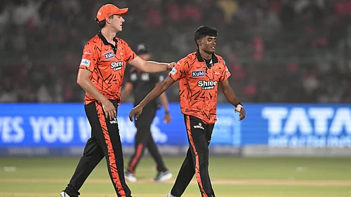 | Photo: AP : Sunrisers Hyderabads Pat Cummins cheers bowler Sakib Hussain during the Indian Premier League cricket match between Rajasthan Royals and Sunrisers Hyderabad in Jaipur, India, Saturday, April 25, 2026.