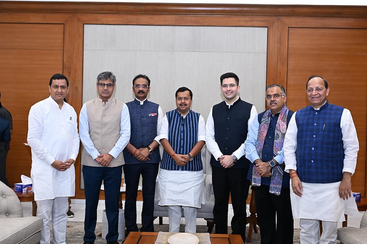 MPs Raghav Chadha, Sandeep Pathak and Ashok Mittal with Nitin Nabin announced their exit from AAP and merger with the BJP
Source: Special Arrangement 