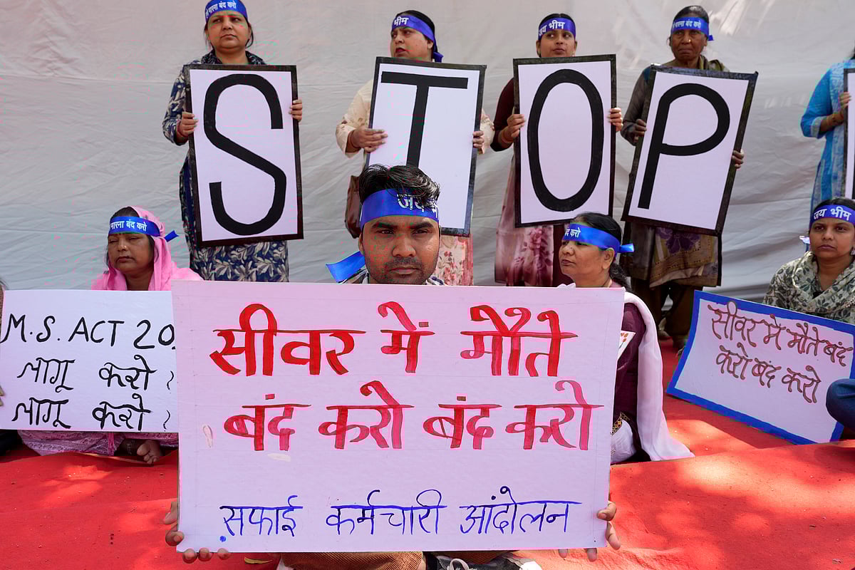 SURESH K PANDEY : Sanitation workers from multiple states said they are forced into the work due to caste identity and lack basic safety gear while handling hazardous sewage. at Jantar Mantar in New Delhi on March 25, 2026. 