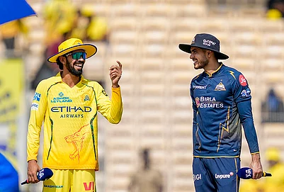 | Photo: PTI/R Senthilkumar : Chennai Super Kings’ captain Ruturaj Gaikwad, left, and Gujarat Giants’ captain Shubman Gill during the toss before an Indian Premier League (IPL) T20 cricket match between Chennai Super Kings and Gujarat Titans, in Chennai, Tamil Nadu.