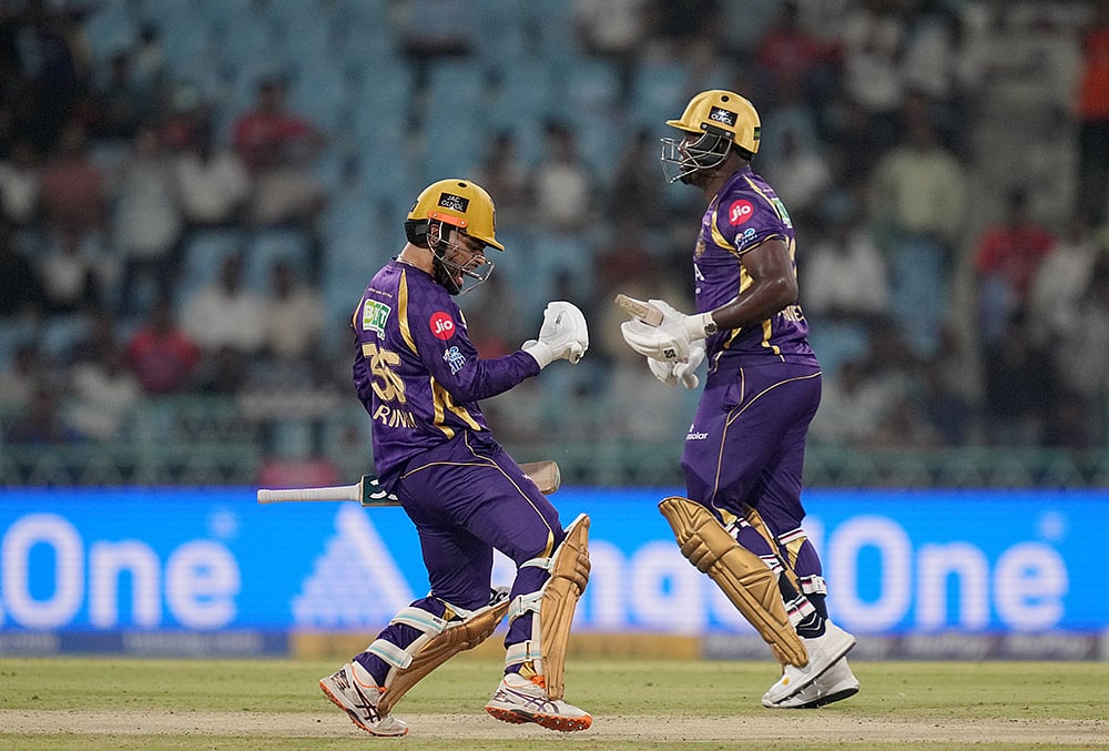 | Photo: PTI/Kamal Kishore : Kolkata Knight Riders Rinku Singh, left, and Rovman Powell celebrate after winning the Indian Premier League (IPL) 2026 T20 cricket match between Lucknow Super Giants and Kolkata Knight Riders in a super over, in Lucknow, Uttar Pradesh.