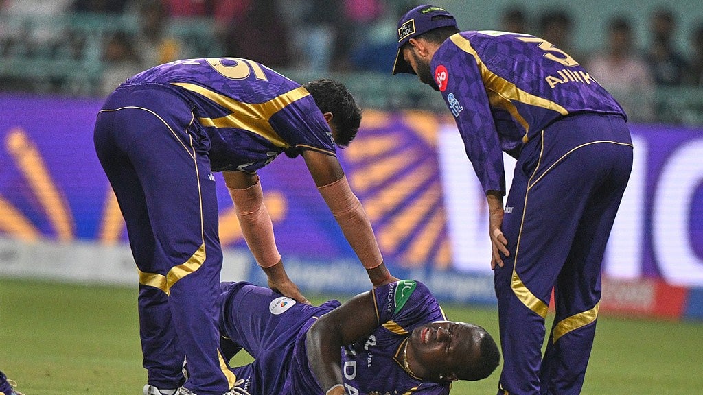 AP : Rovman Powell lay on the ground in pain after getting injured while taking a catch to dismiss Mitchell Marsh during the Indian Premier League match between Kolkata Knight Riders and Lucknow Super Giants in Lucknow.