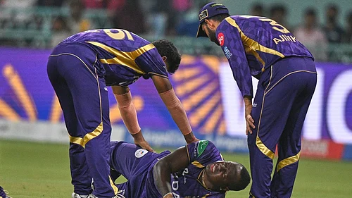 AP : Rovman Powell lay on the ground in pain after getting injured while taking a catch to dismiss Mitchell Marsh during the Indian Premier League match between Kolkata Knight Riders and Lucknow Super Giants in Lucknow.