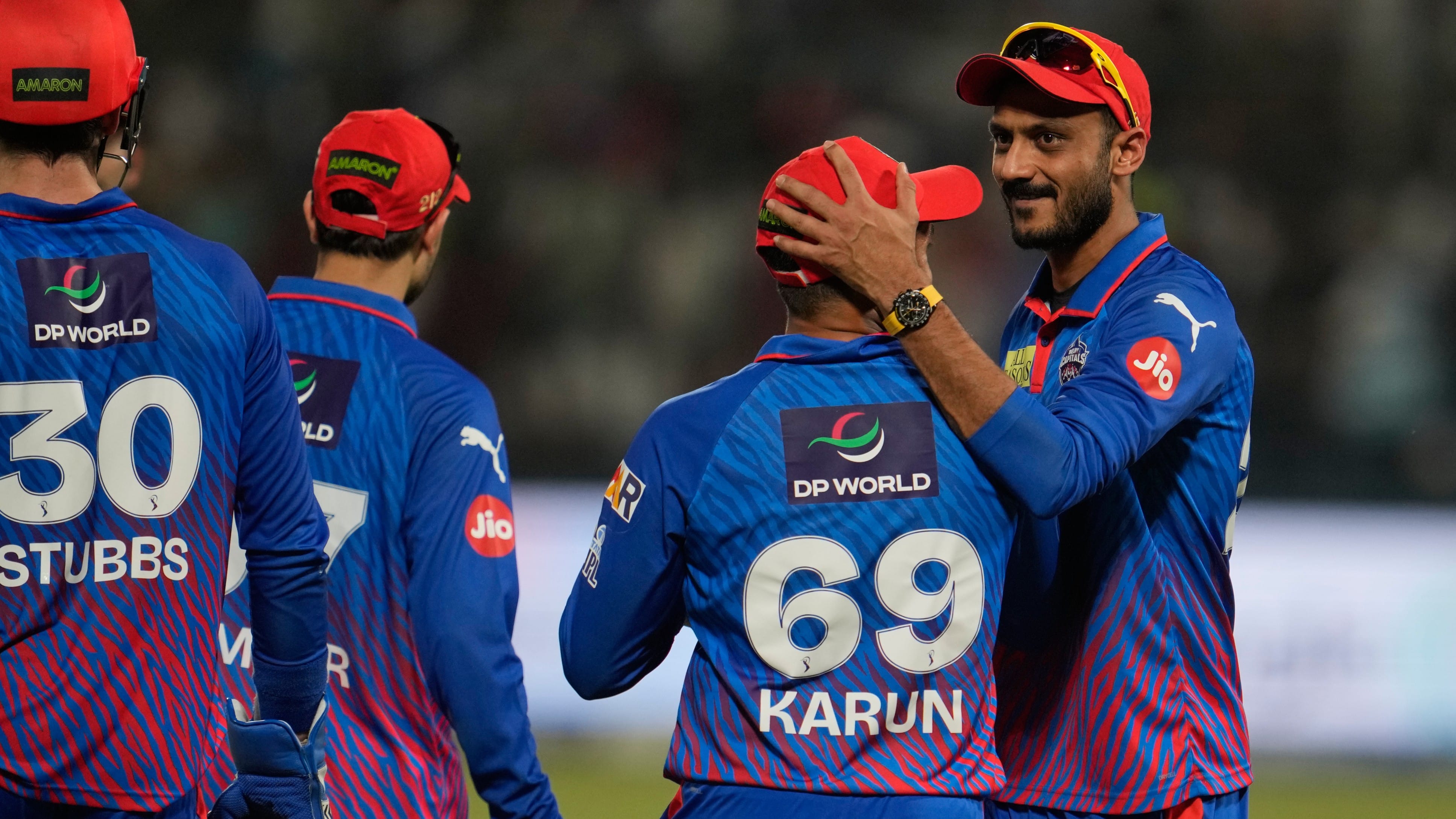 | Photo: AP/Manish Swarup : Delhi Capitals Karun Nair, second from right, celebrates with captain Axar Patel after takes the catch to dismiss Punjab Kings Nehal Wadhera during the Indian Premier League cricket match between Delhi Capitals and Punjab Kings in New Delhi, India, Saturday, April 25, 2026. 