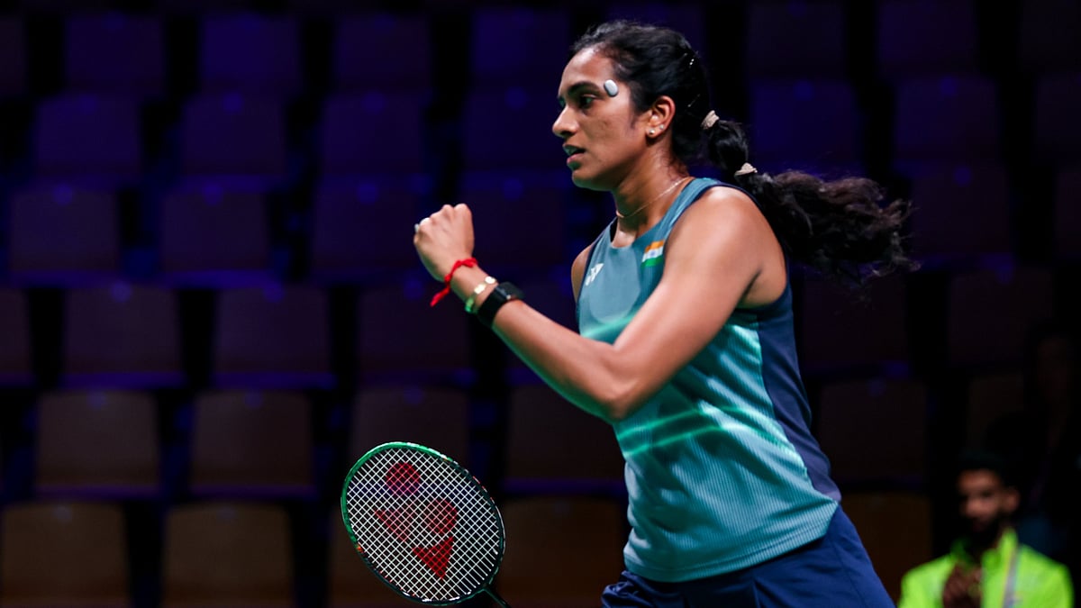 BAI_Media/X : PV Sindhu celebrating a point against Ukraine in Uber Cup 2026. 