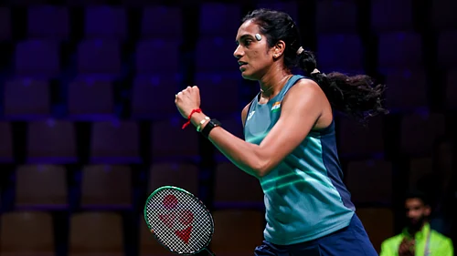 BAI_Media/X : PV Sindhu celebrating a point against Ukraine in Uber Cup 2026.