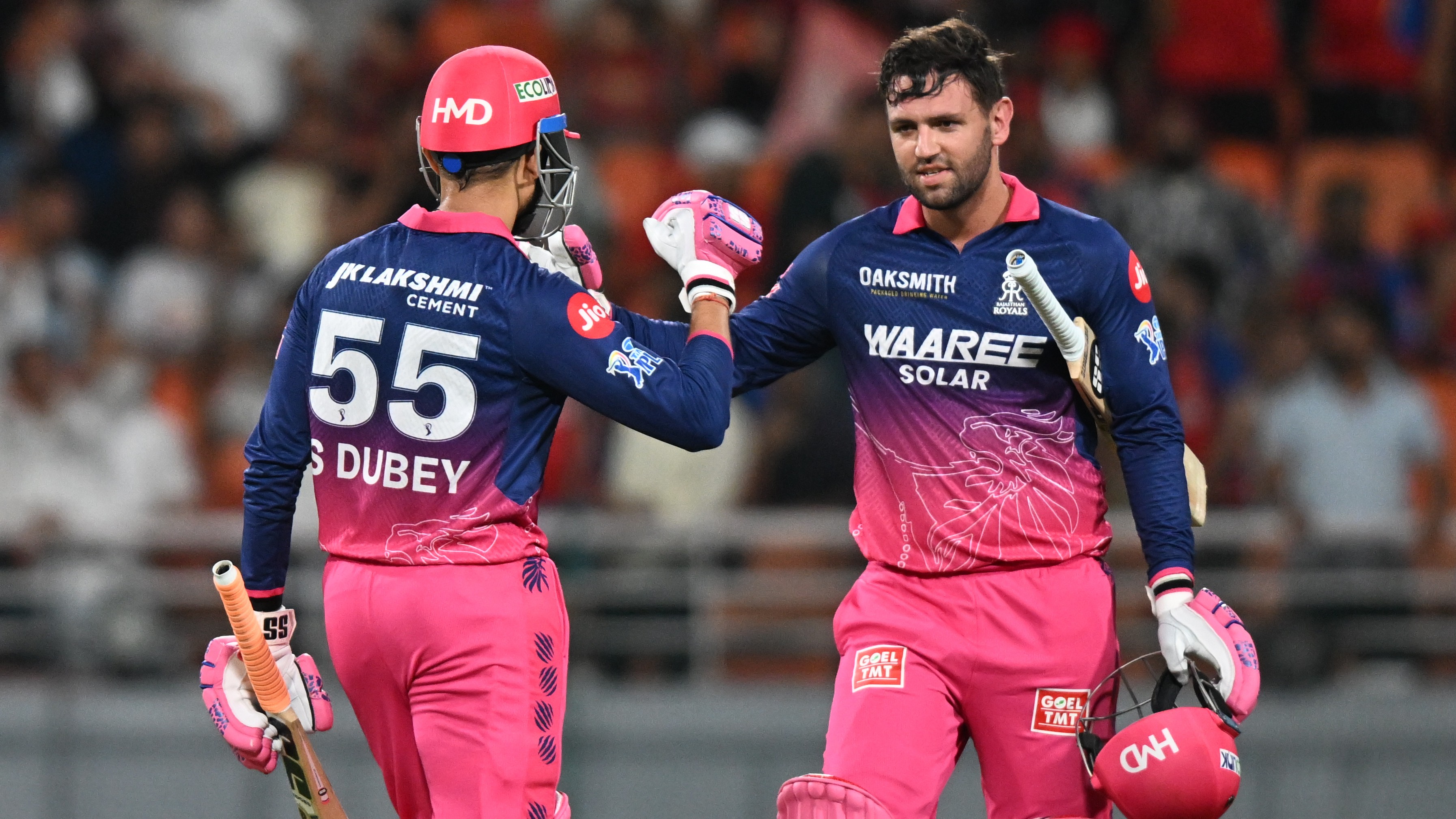 AP Photo : Rajasthan Royals Donovan Ferreira, right, and Rajasthan Royals Shubham Dubey celebrates after they won the Indian Premier League cricket match against Punjab Kings in New Chandigarh