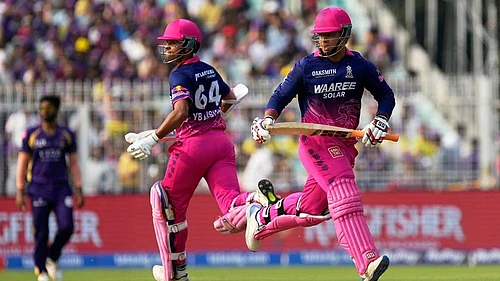 | Photo: AP/Bikas Das : Rajasthan Royals Yashasvi Jaiswal, left, and batting partner Vaibhav Sooryavanshi run between the wickets during the Indian Premier League cricket match between Kolkata Knight Riders and Rajasthan Royals in Kolkata, India.