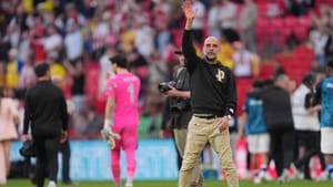 | Photo: AP/Kin Cheung : Manchester City's head coach Pep Guardiola reacts after the FA Cup semifinal soccer match between Manchester City and Southampton in Manchester, England, Saturday, April 25, 2026.
