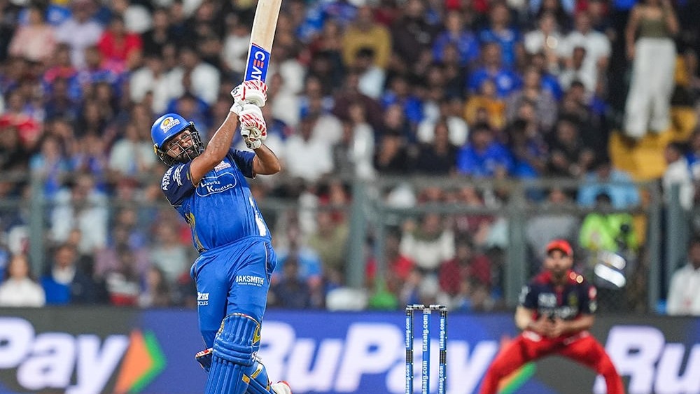 | Photo: PTI/Kunal Patil : Mumbai Indians Rohit Sharma plays a shot during an Indian Premier League (IPL) 2026 T20 cricket match between Mumbai Indians and Royal Challengers Bengaluru, in Mumbai, Maharashtra.