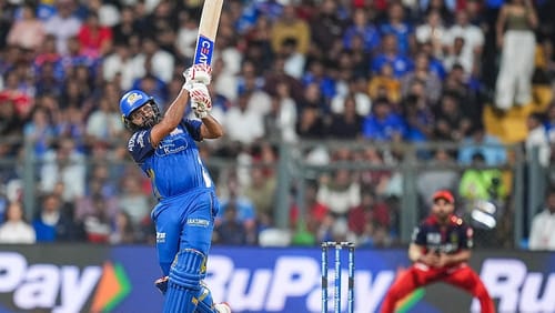 | Photo: PTI/Kunal Patil : Mumbai Indians Rohit Sharma plays a shot during an Indian Premier League (IPL) 2026 T20 cricket match between Mumbai Indians and Royal Challengers Bengaluru, in Mumbai, Maharashtra.